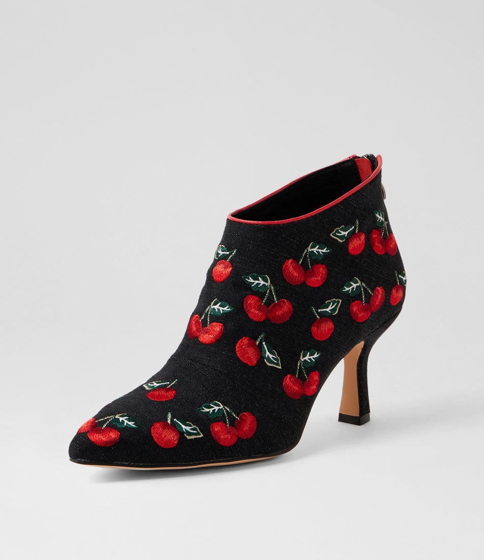 Larasy Black Cherries Red Denim Ankle Boots