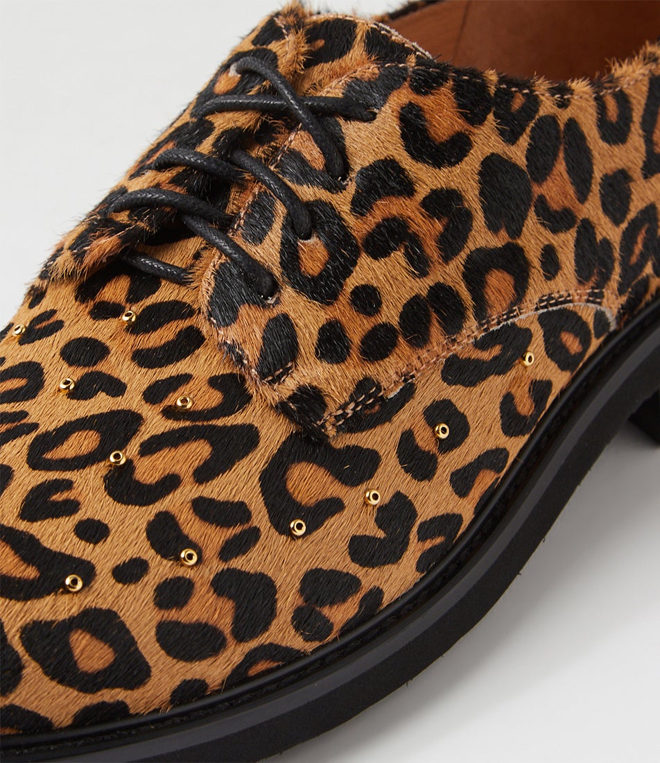 Blora Light Tan Leopard Pony Lace Up Flats