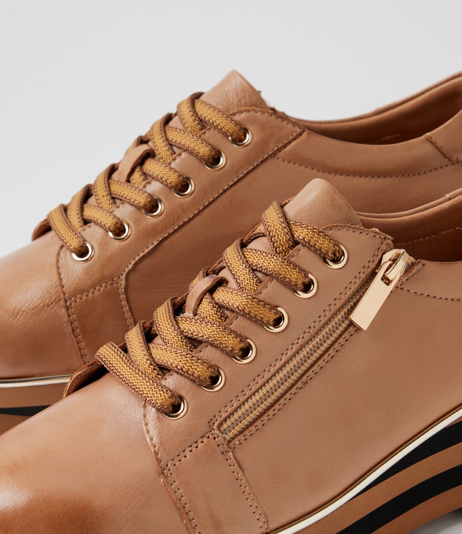 Eammes Cognac Black Leather Lace Up Flats
