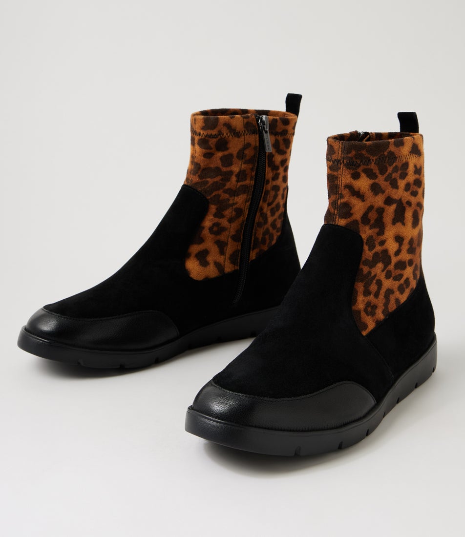 Marle W Black Leopard Leather Mix Ankle Boots