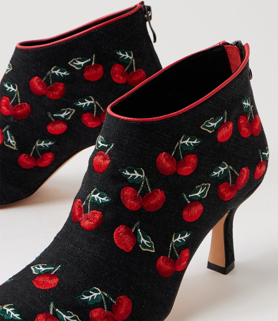 Larasy Black Cherries Red Denim Ankle Boots