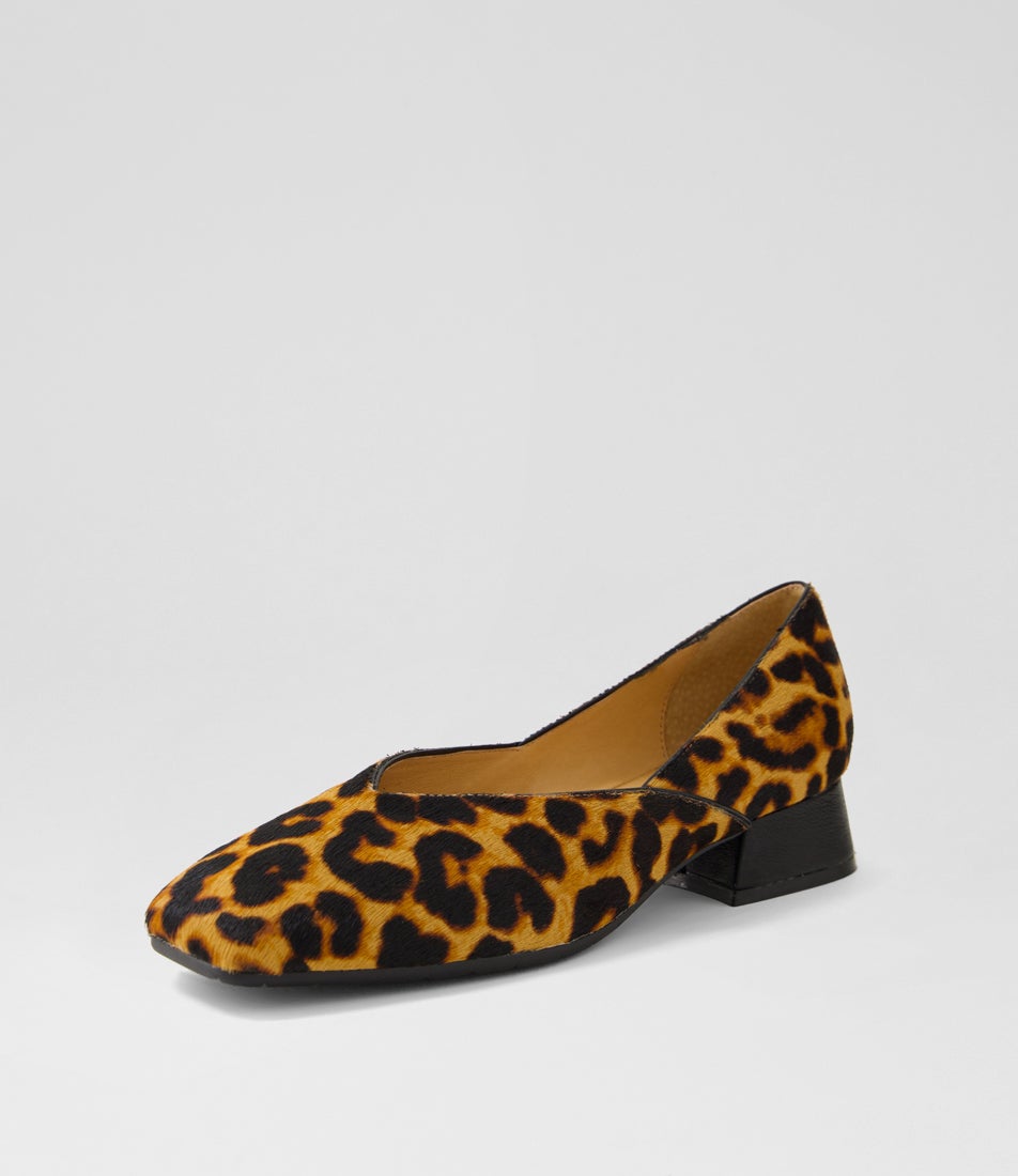 Shanices Dark Tan Leopard Black Pony Leather Ballet Flats