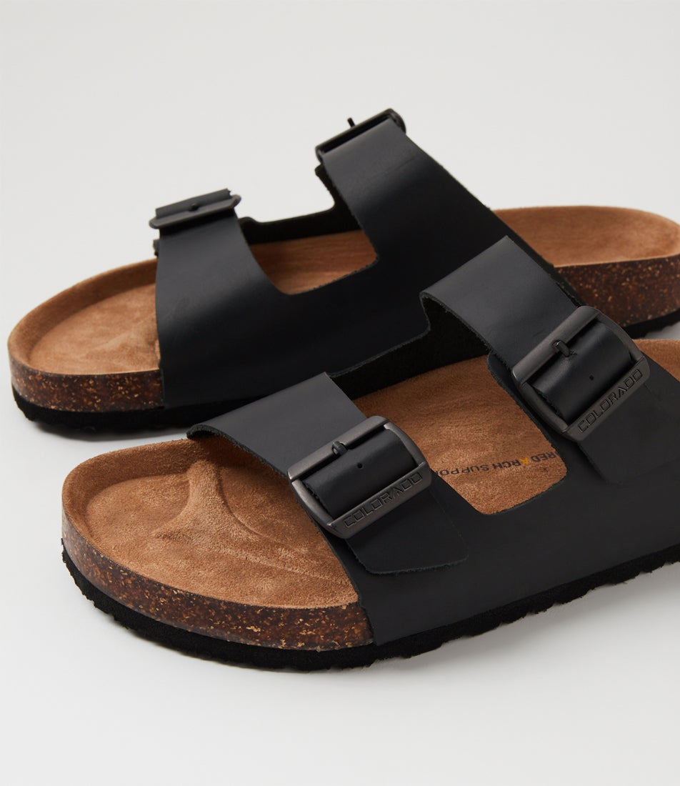 Farrah Black Crazyhorse Leather Slides