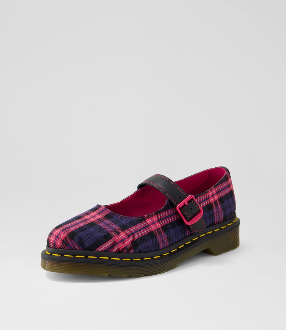 Elphie Mj Mary Jane Shoe Pink Multi Tartan Fabric Flat Shoes