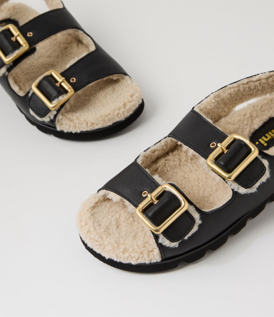 Elidie Black Cream Leather Shearling Sandals