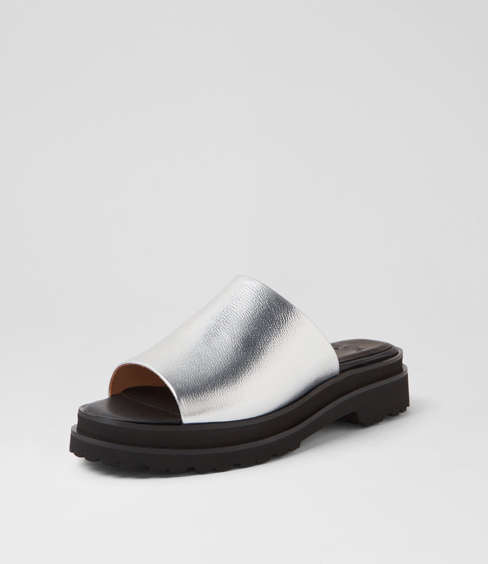 Slide Step Silver Black Leather Slides