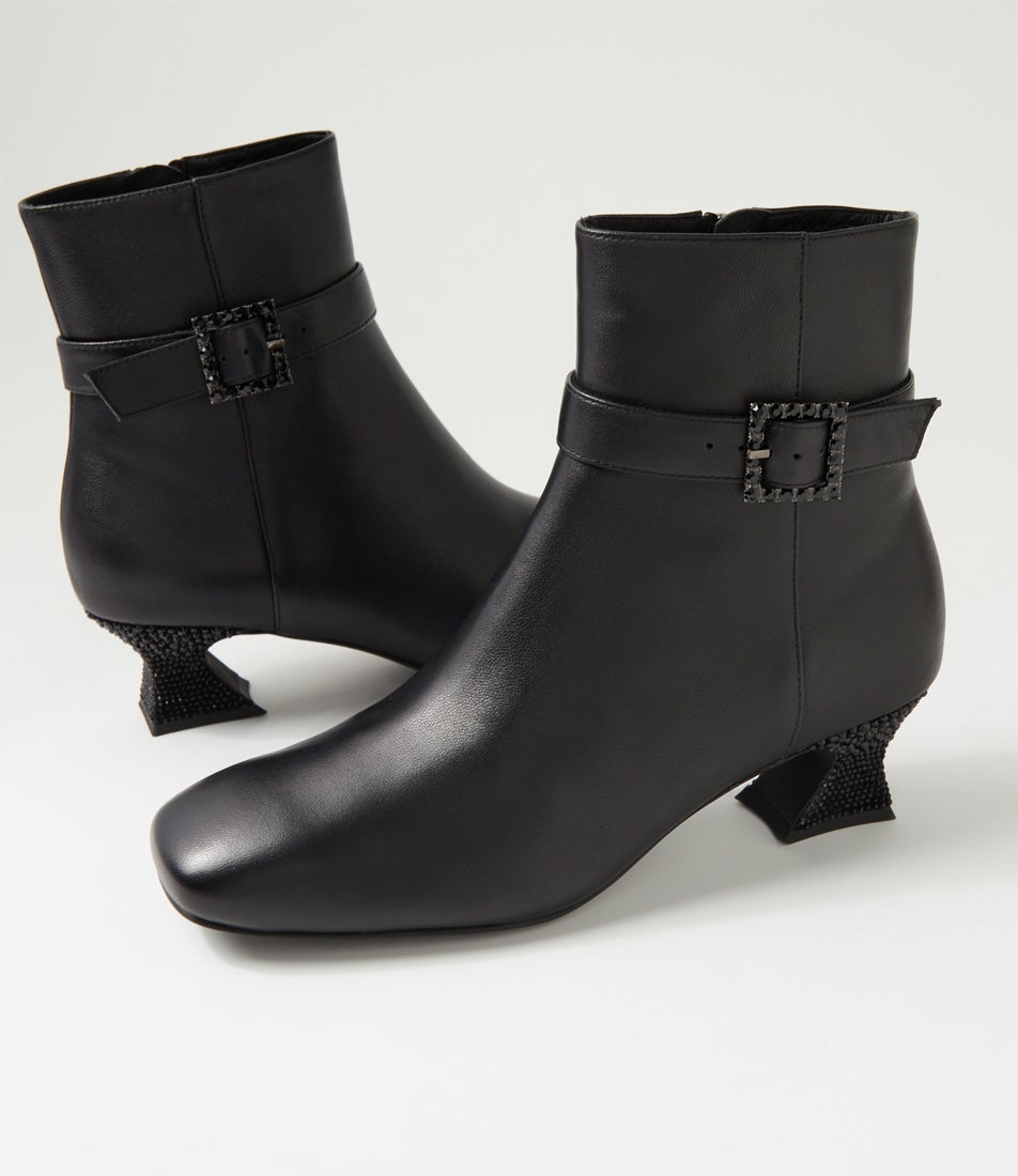 Poppiy Black Leather Jewels Ankle Boots
