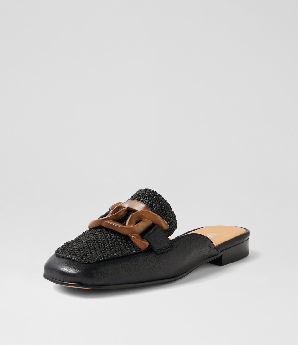Peebles Black Leather Syn Raffia Mule