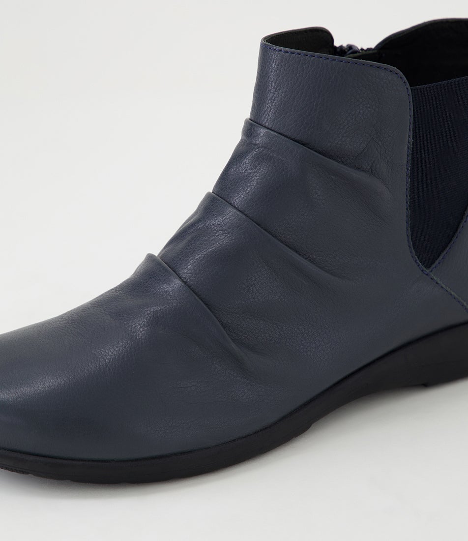 Panka Navy Leather Elastic Ankle Boots