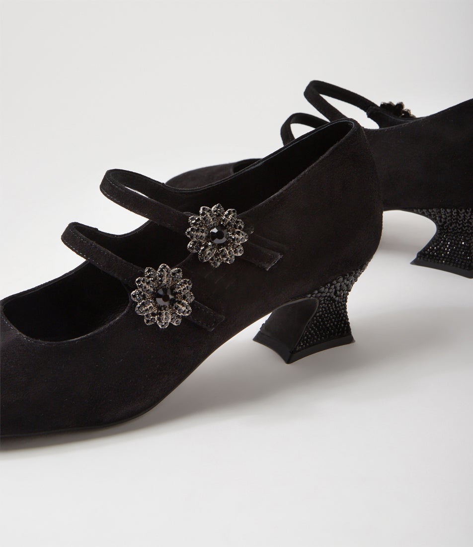 Pixxie Black Suede Jewels Mary Jane Heels