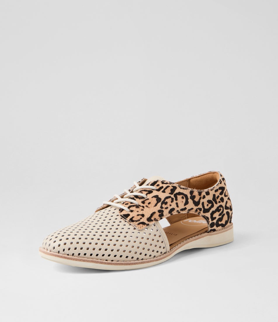 Sidecut Punch Bone Natural Leopard Leather Lace Up Flats