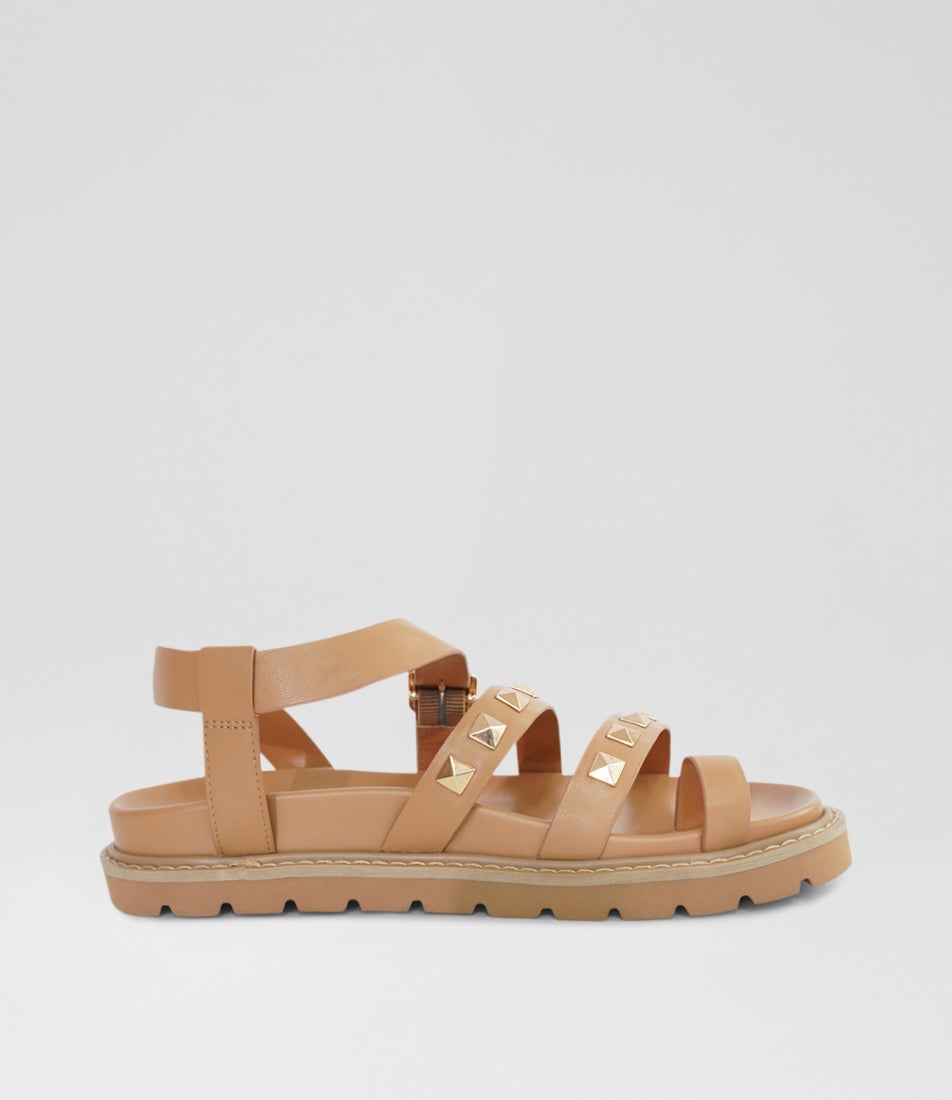 Chunky Stud Camel Leather Slides