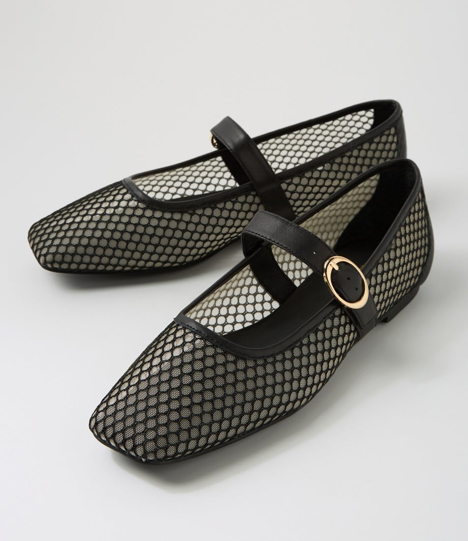 Tartina Black Mesh Leather Flat Shoes