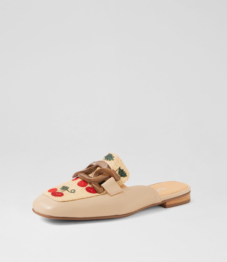 Preeya Camel Cherries Leather Synthetic Raffia Loafers Preeya Camel Cherries Leather Synthetic Raffia Loafers