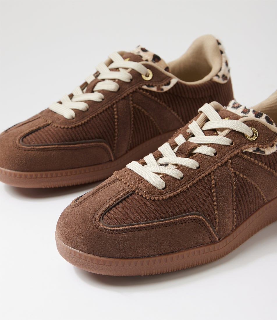 Elite Classic Double Lace Brown Corduroy Leopard Suede Sneakers