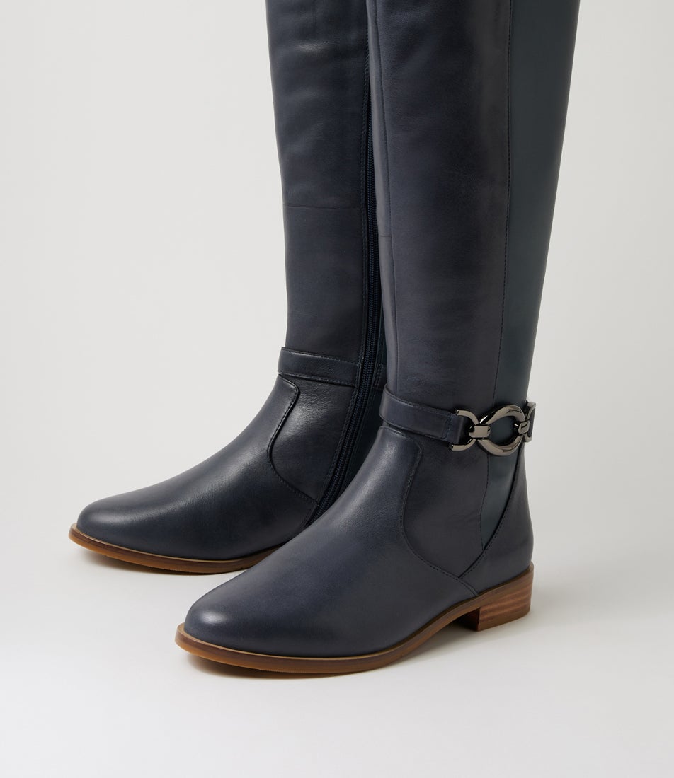 Seojin Xf Navy Leather Stretch Knee High Boots