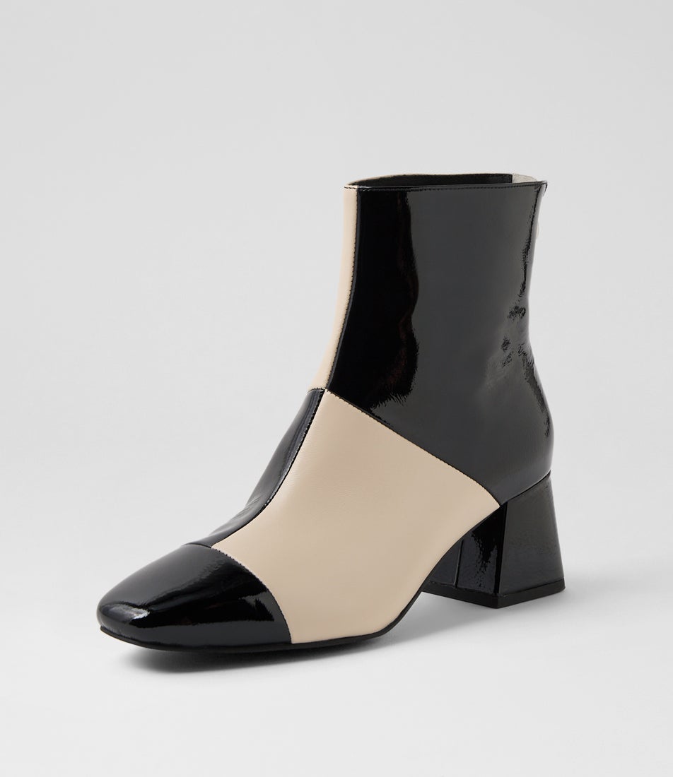 Vitch Black Cream Patent Leather Ankle Boots