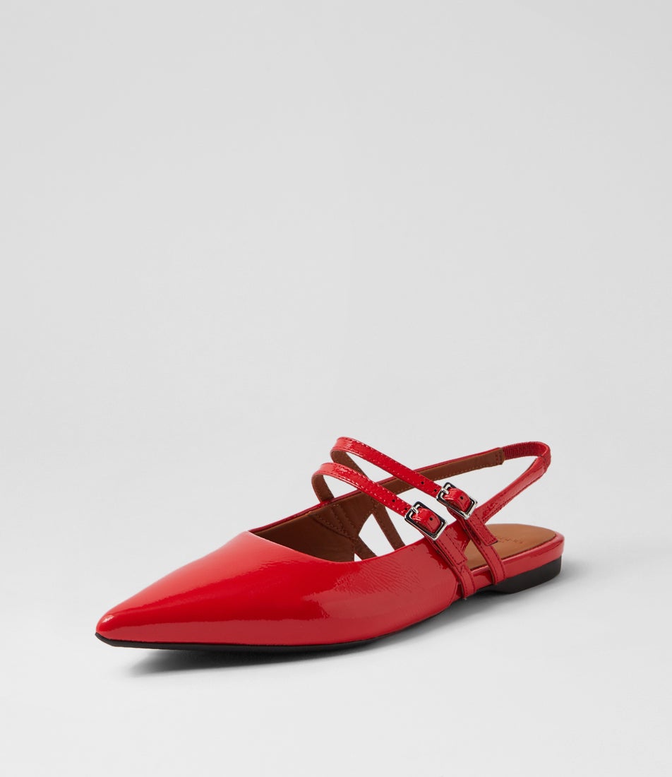 Hermine Buckle Flame Red Patent Leather Flat Shoes