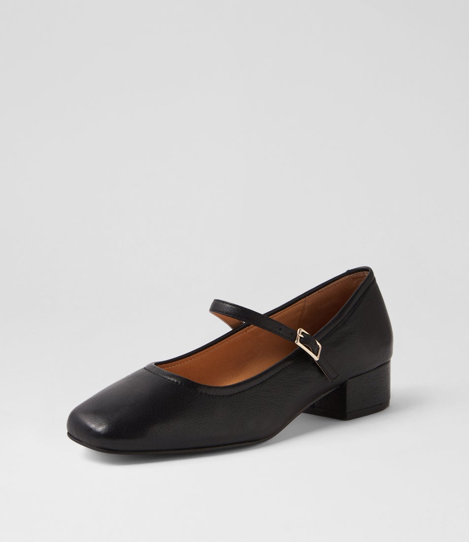 Islah Black Leather Mary Jane Heels