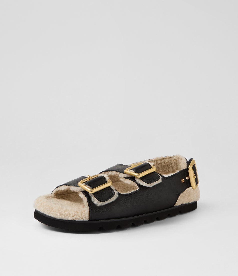 Elidie Black Cream Leather Shearling Sandals