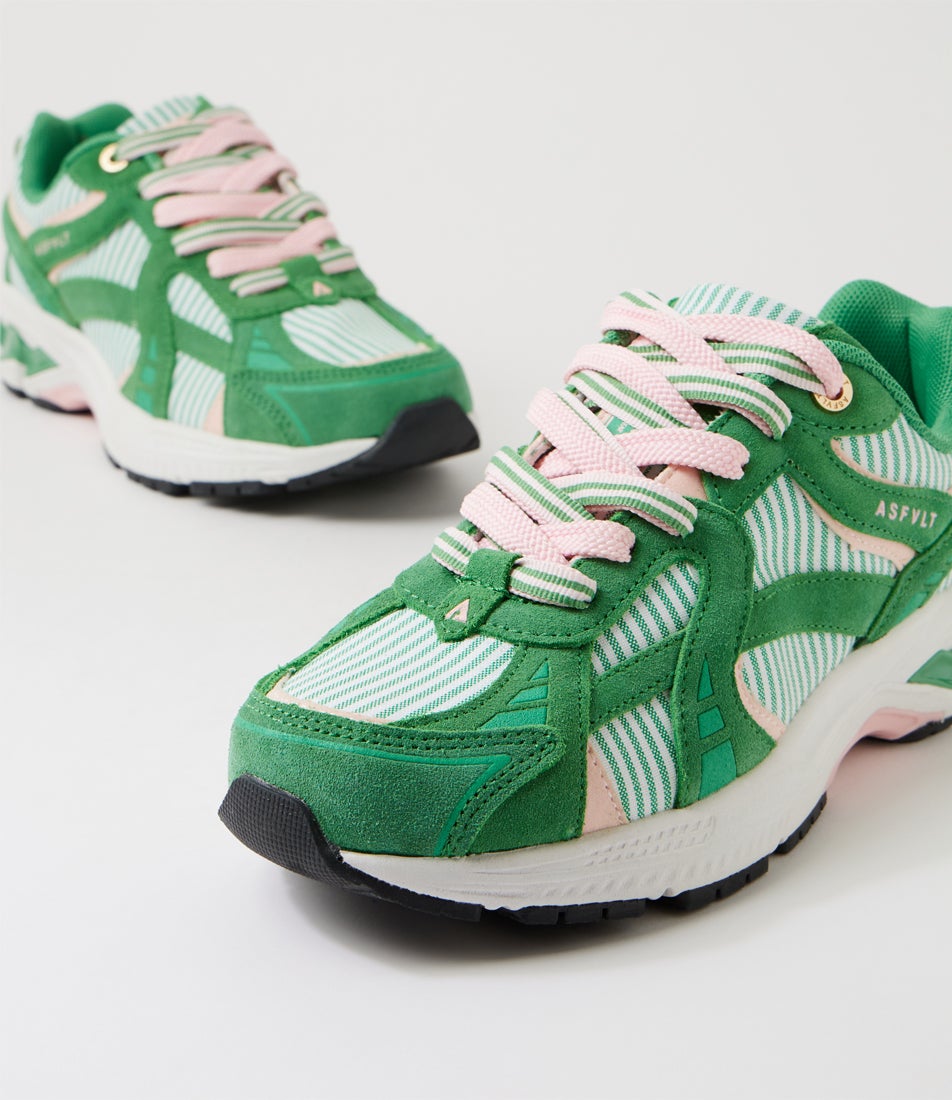 City Run Green Pink Stripe Canvas Suede Sneakers