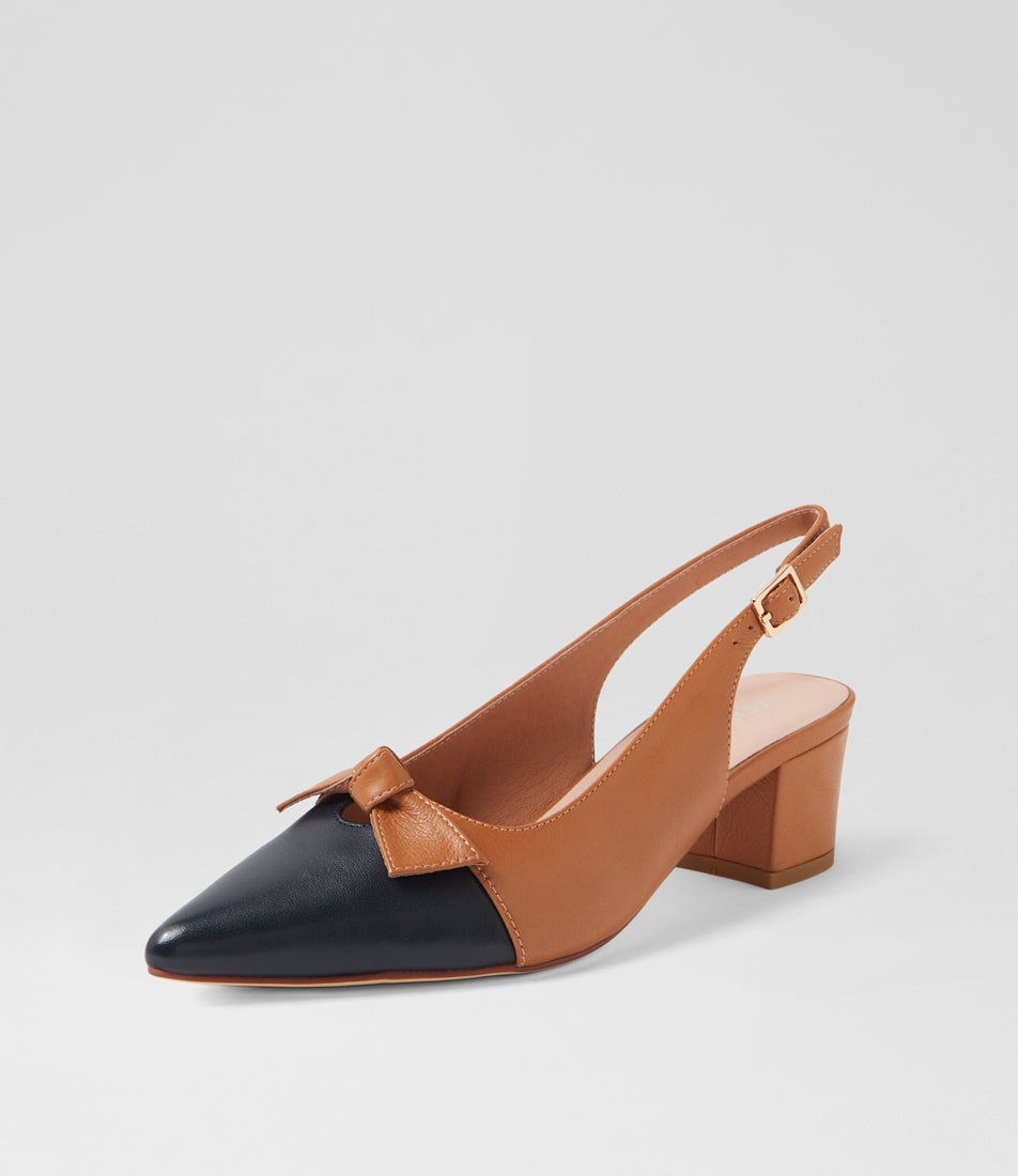 Aymay Navy Dark Tan Leather Heels