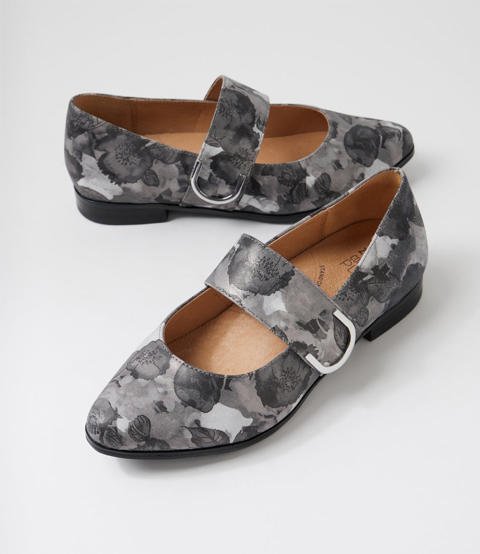 Okla Xf Charcoal Flower Leather Flat Shoes