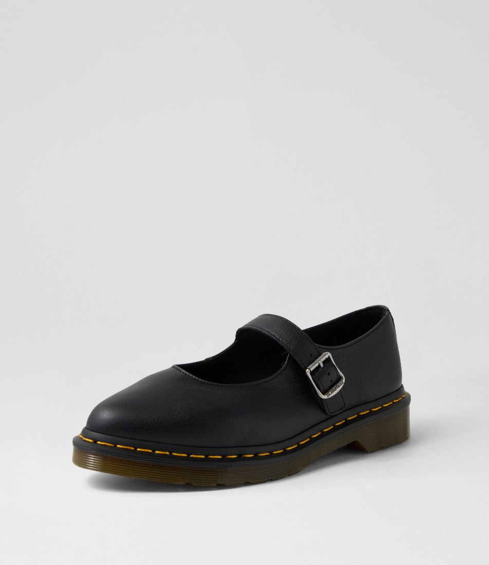 Elphie Mary Jane Black Virginia Leather Flat Shoes