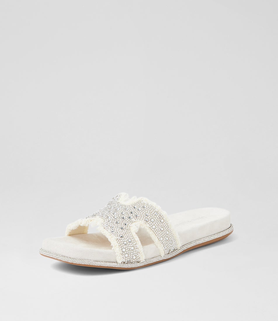 Yieras White Denim Silver Fabric Slides