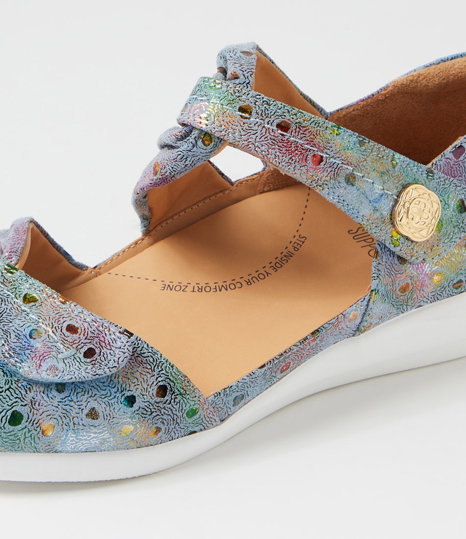 Doxie W Blue Dot Print Leather Sandals