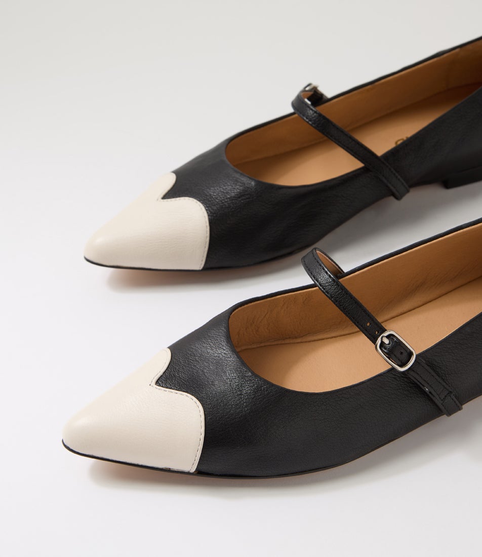 Yian Ivory Black Leather Flat Shoes