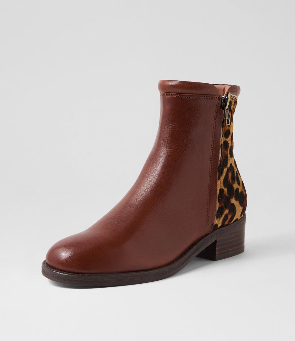 Crewe Cognac Big Leopard Leather Pony Ankle Boots