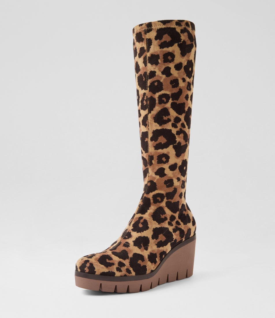 Neeka Vanilla Big Leopard Stretch Microsuede Knee High Boots