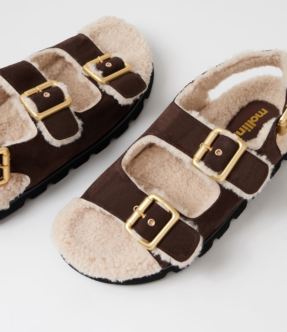 Elidie Dark Choc Natural Suede Faux Fur Sandals