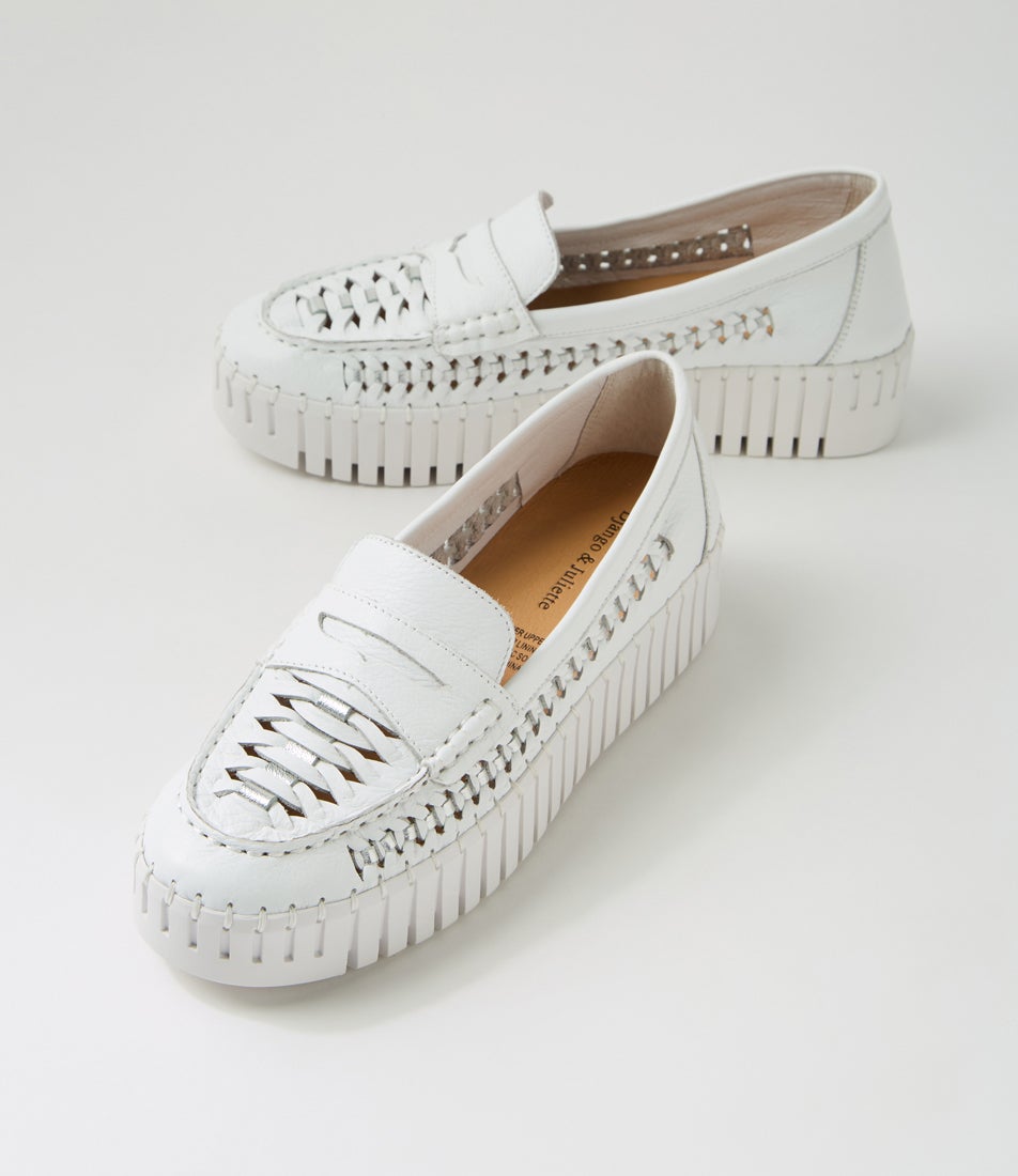 Brogany White Silver Leather Flat Shoes
