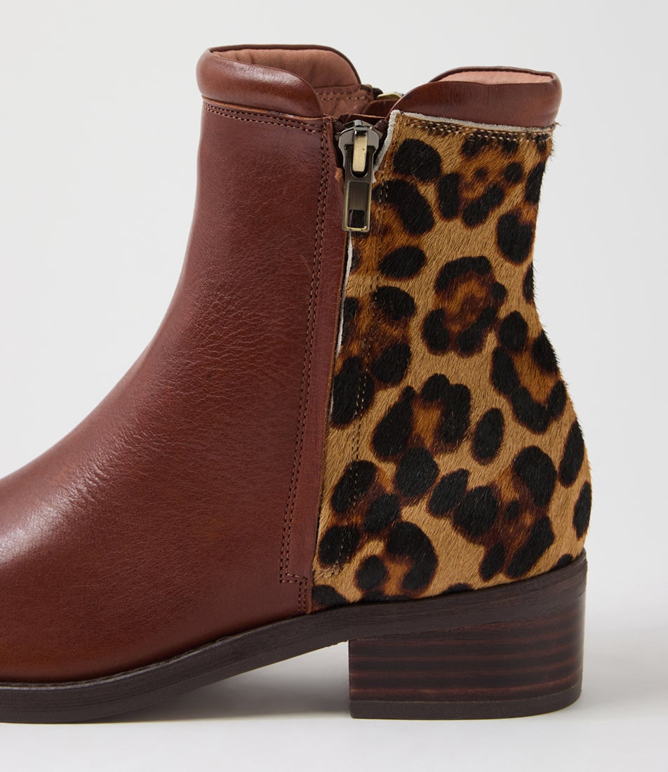 Crewe Cognac Big Leopard Leather Pony Ankle Boots