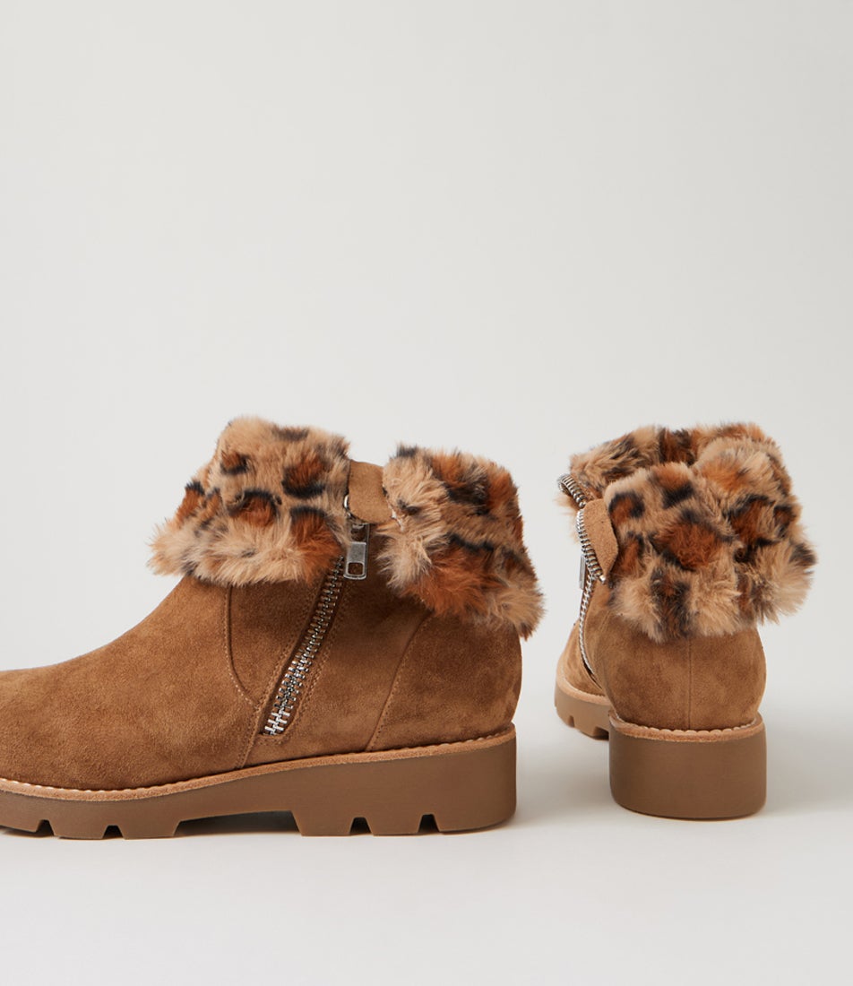 Dlinga Light Choc Tan Leopard Suede Fur Ankle Boots