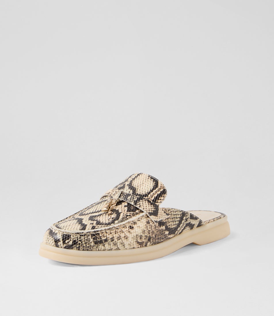 Lizzo Black Beige Snake Leather Mules