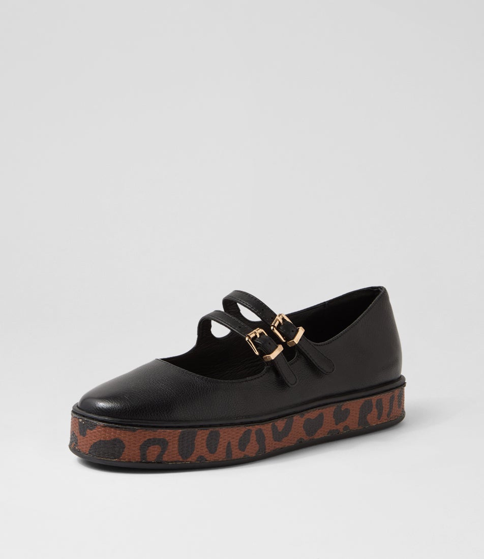 Phila Black Leopard Leather Flat Shoes Phila Black Leopard Leather Flat Shoes