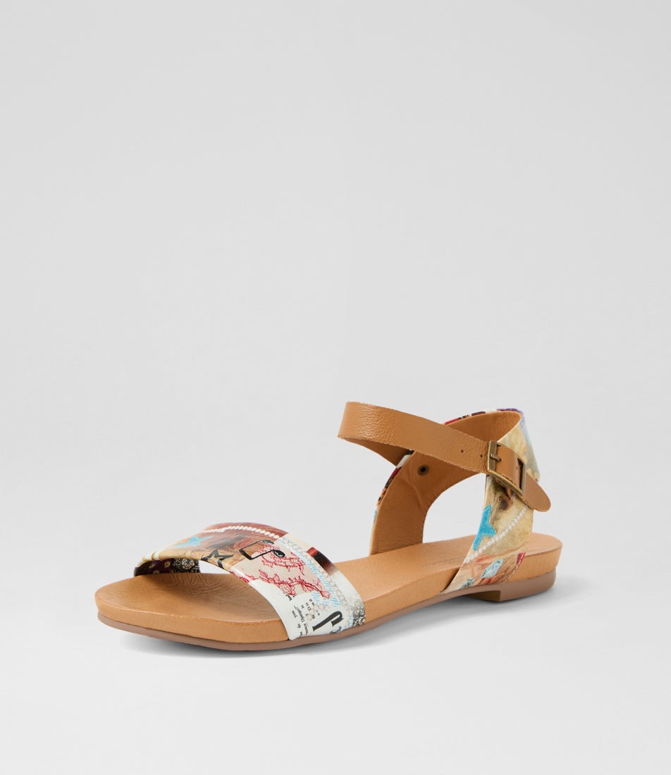 Jinnit Collage Print Tan Patent Leather Sandals