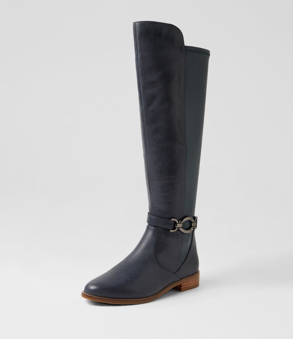 Seojin Xf Navy Leather Stretch Knee High Boots
