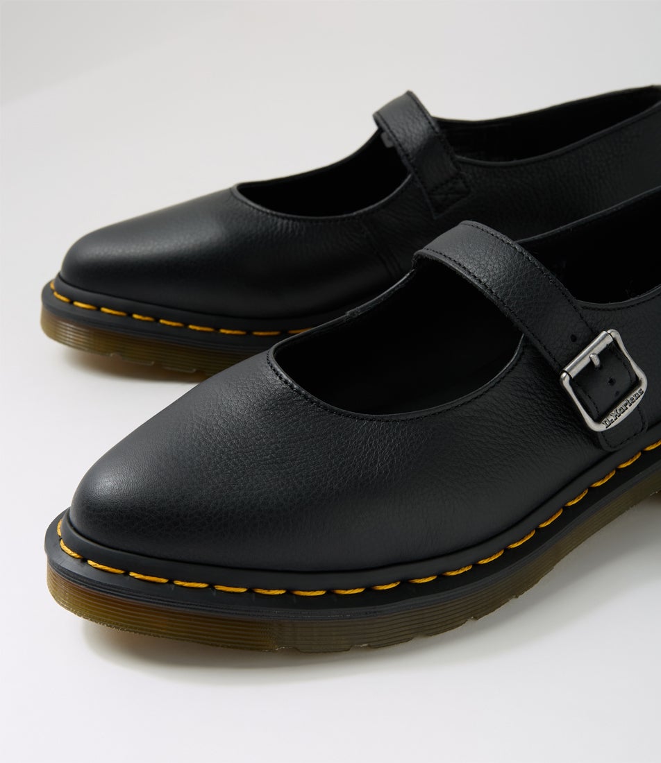 Elphie Mary Jane Black Virginia Leather Flat Shoes