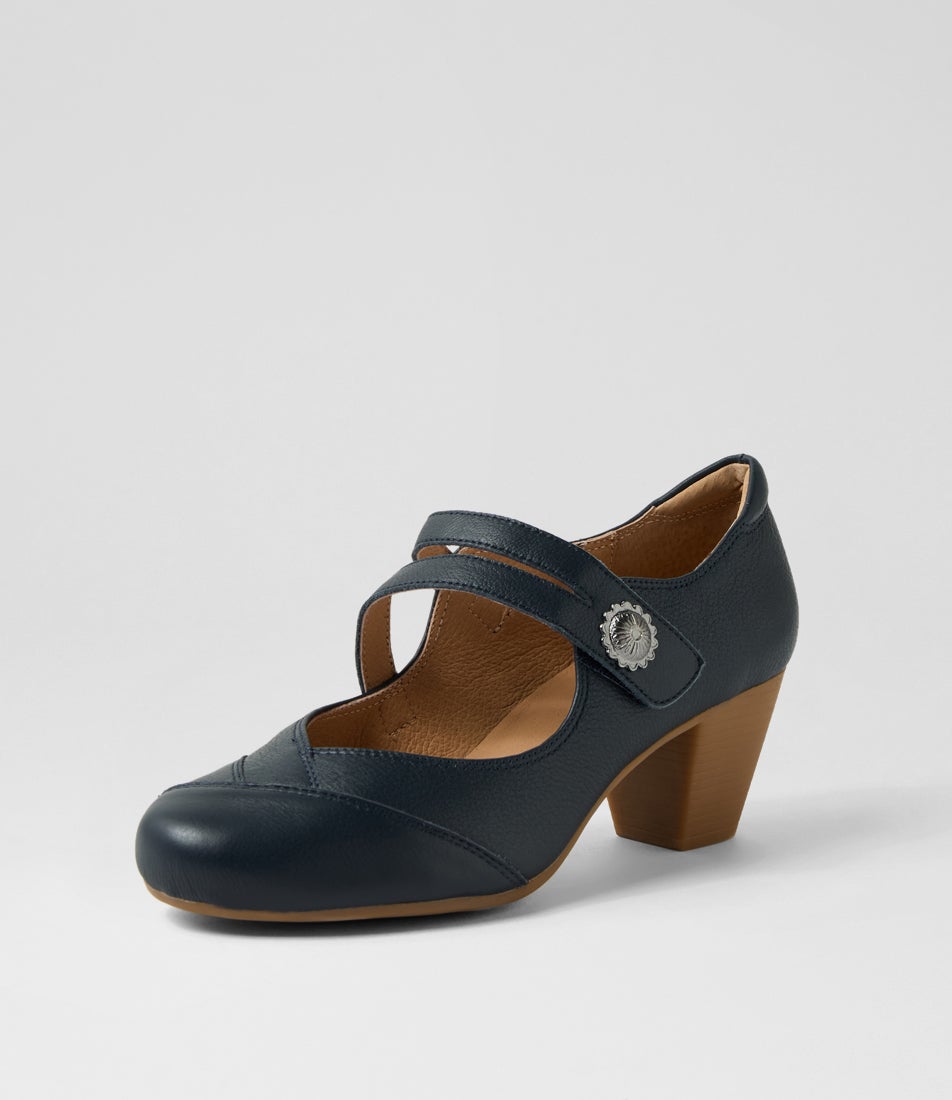 Fortunet Navy Leather Mary Jane Heels