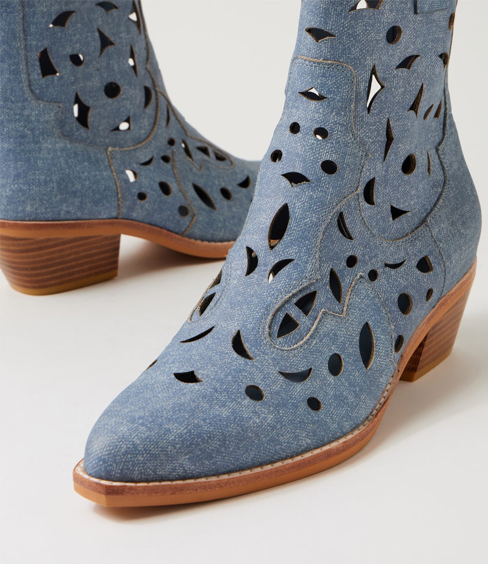 Eelia Blue Distress Denim Leather Ankle Boots