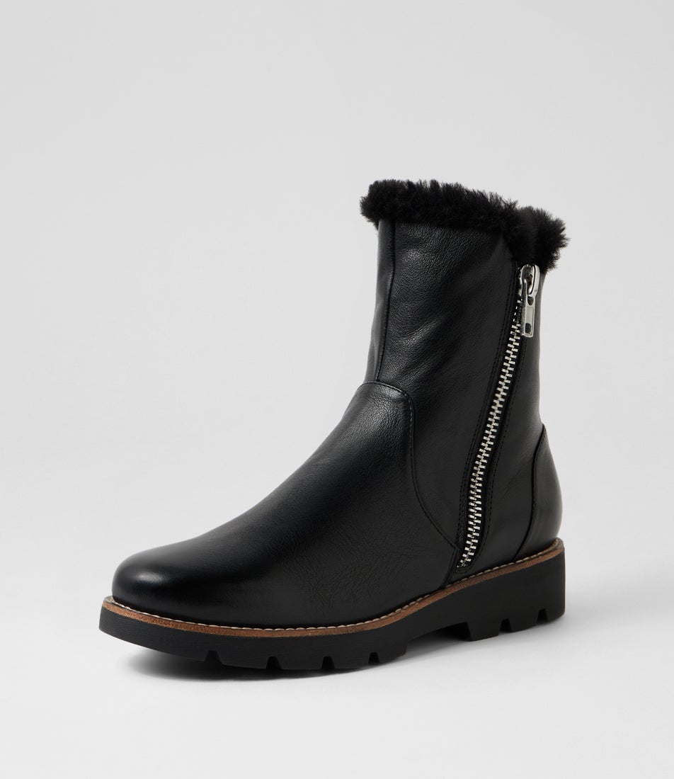 Dlinga Black Leather Fur Ankle Boots Dlinga Black Leather Fur Ankle Boots