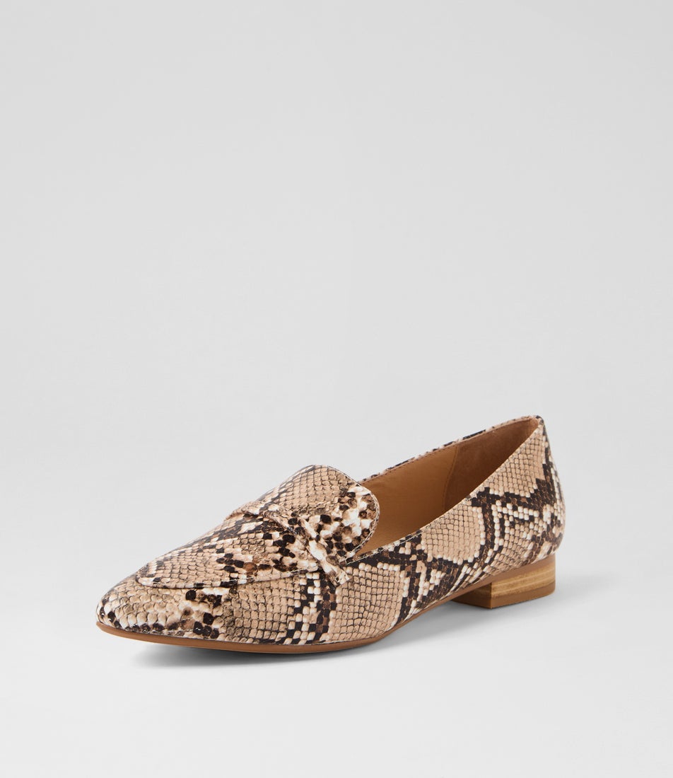 Daele Nude Dark Brown Snake Leather Flat Shoes
