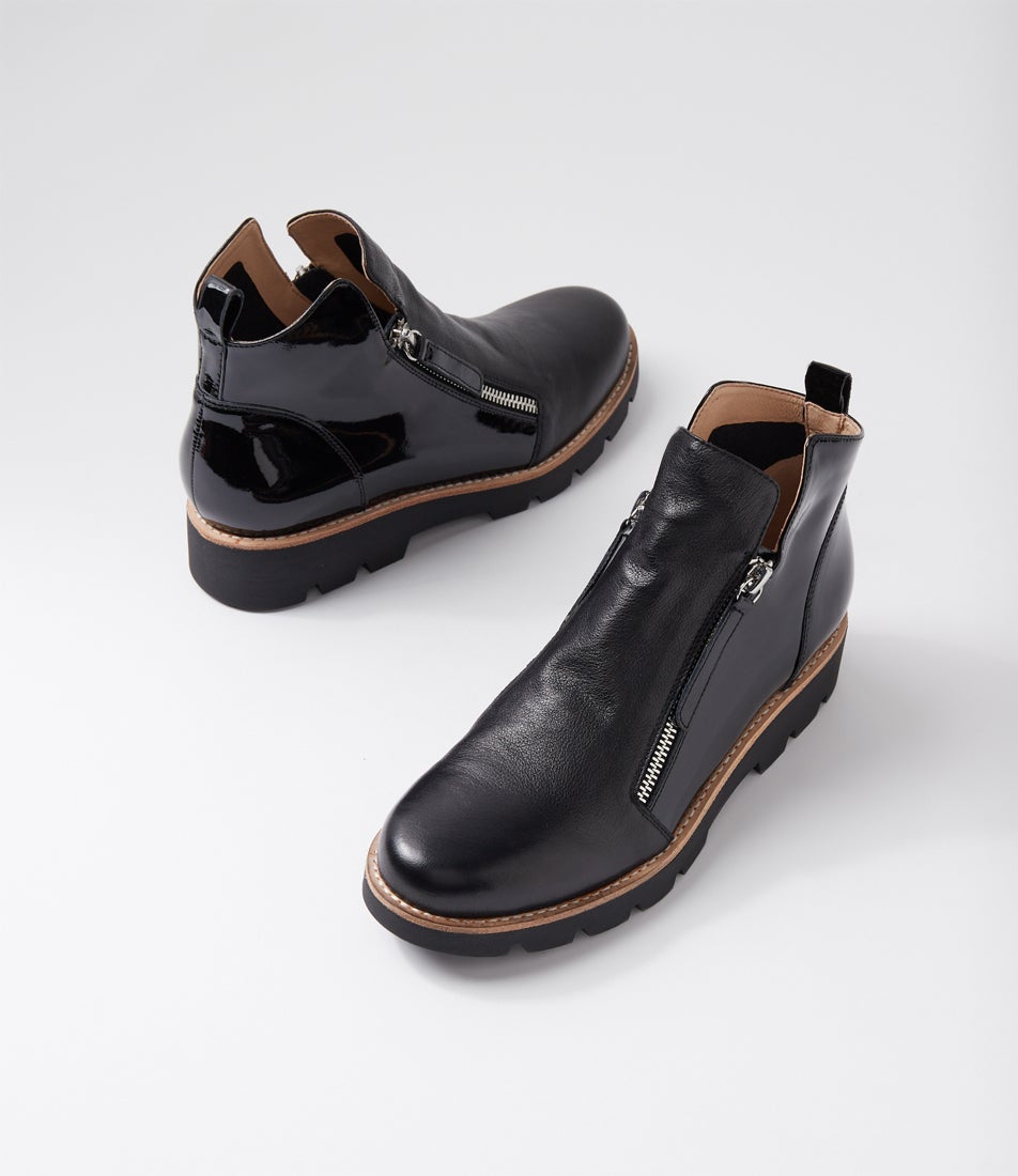 Dottiz Black Leather Patent Ankle Boots