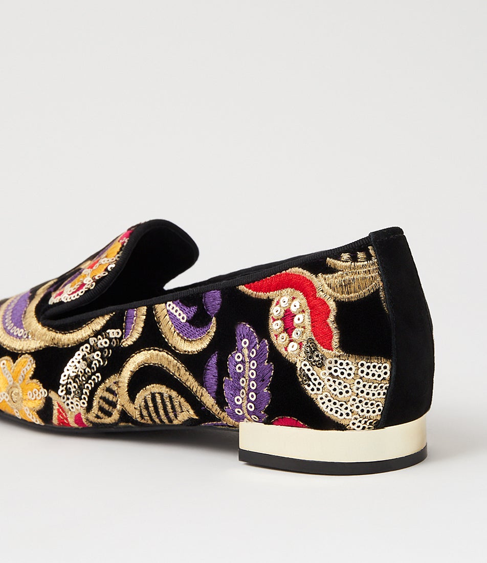 Faires Black Embroidery Velvet Flat Shoes