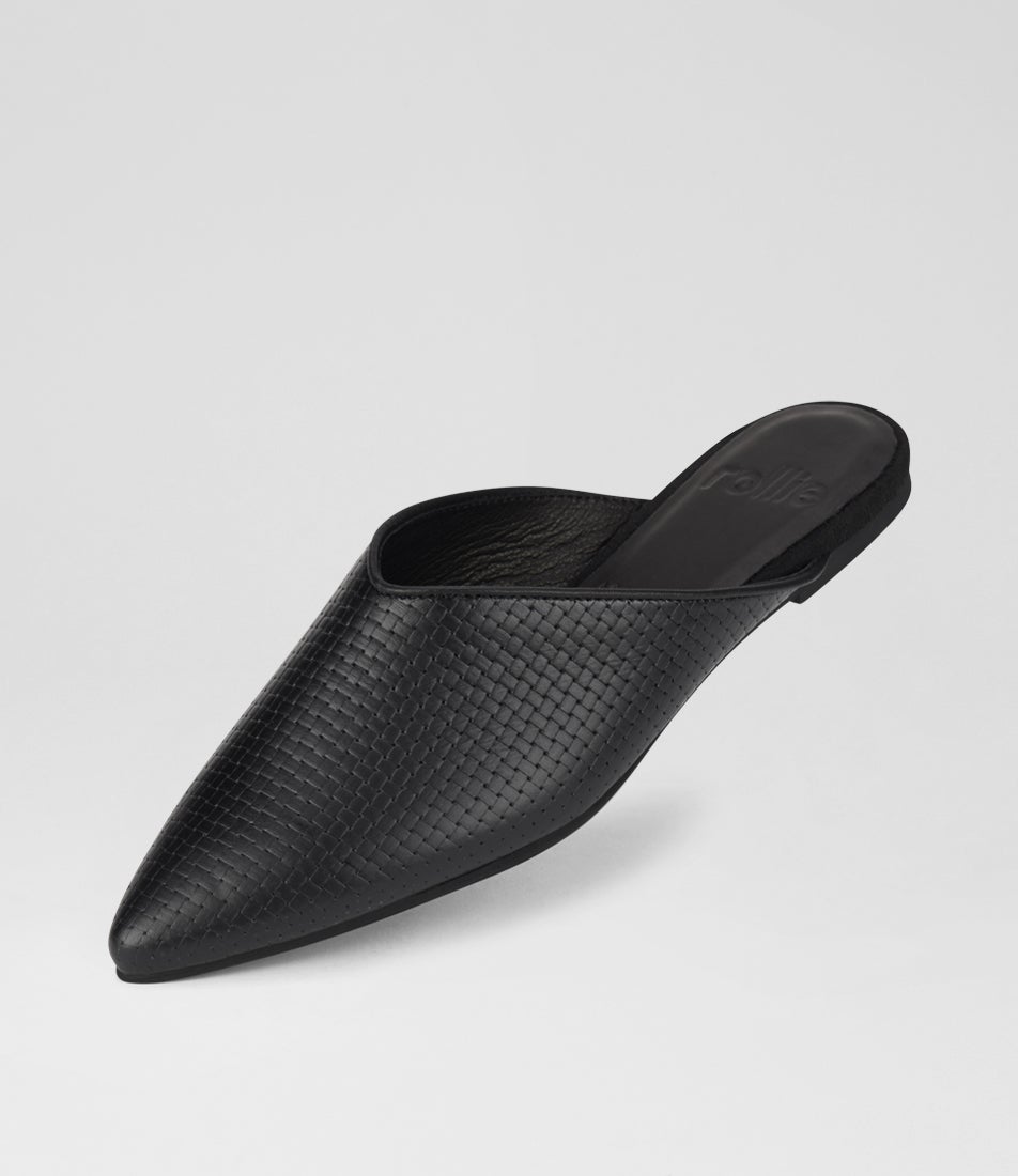 Pointed Mule Embossed Black Leather Flat Shoes