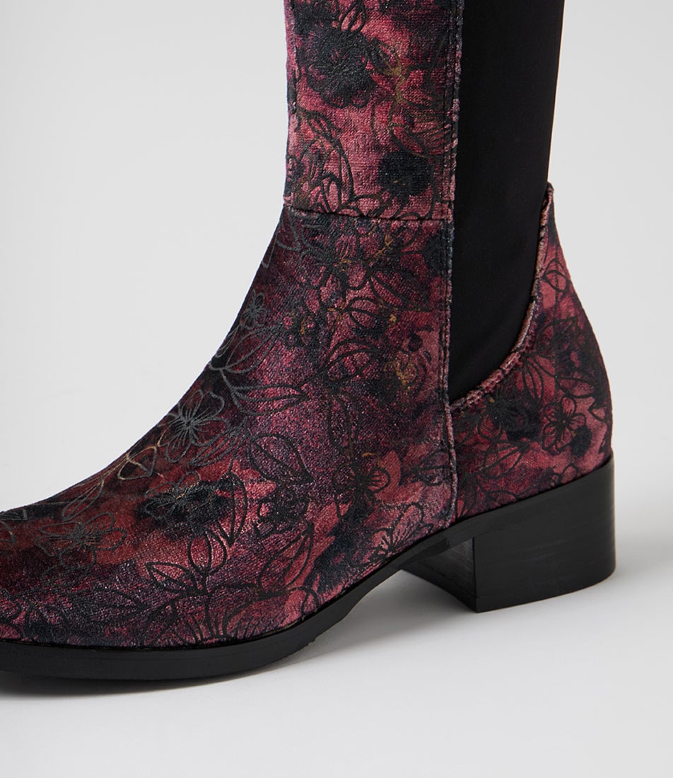 Tejai Wine Floral Velvet Knee High Boots